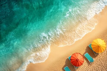 Fototapeta premium Aerial view of beautiful tropical beach with white sand, turquoise water and blue sky