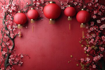 Stunning Red Lanterns and Cherry Blossom Arrangement on a Textured Red Background Ready for Festive Celebrations and Cultural Events in Spring and Autumn