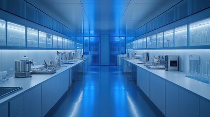 Fototapeta premium Modern Sterile Laboratory Interior Design: Blue Lit Corridor of Science