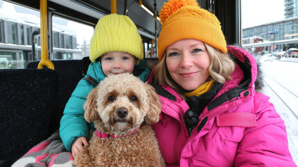 A woman and a child wearing bright hats sit on a bus with a fluffy dog, enjoying a cozy winter day, pet friendly travel transportation vacation.