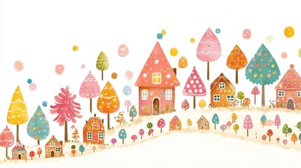 Fototapeta premium Whimsical Village Landscape with Colorful Houses and Candy Trees