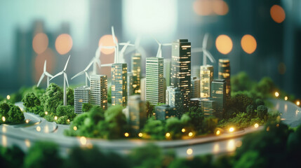 miniature green city with wind turbines, skyscrapers, and lush greenery, showcasing sustainable urban development and eco friendly architecture