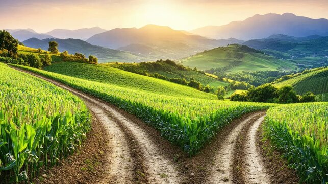 Sunset over rolling hills, two paths diverge through cornfields.  Ideal for travel, nature, or choice concepts