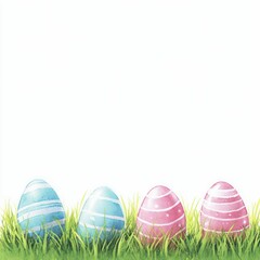 A cheerful Easter scene featuring colorful eggs in pink and blue nestled in the fresh spring grass. The vibrant decorations and natural elements celebrate the season of renewal and festive joy.
