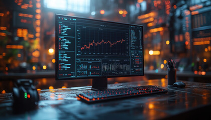 modern workspace featuring computer monitor displaying data analytics and stock market trends, illuminated by ambient lighting, creating tech savvy atmosphere