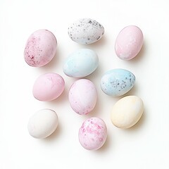 Easter joy is in full bloom with a display of pastel-colored eggs, sweet candy treats, and chocolate delights. Soft shades of pink, yellow, and blue enhance the festive mood, showcasing the playful an