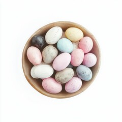 Easter joy is in full bloom with a display of pastel-colored eggs, sweet candy treats, and chocolate delights. Soft shades of pink, yellow, and blue enhance the festive mood, showcasing the playful an