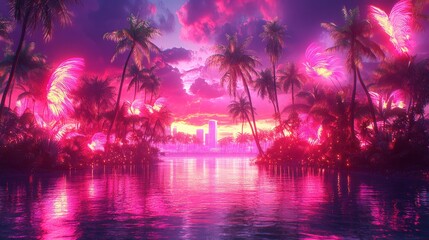 Fototapeta premium Neon Pink Tropical Night Scene with Fireworks and Palm Trees Reflecting on Water