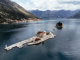 Drone view of the Church of Our Lady of the Rocks and Island of Saint George, Montenegro, Europe.