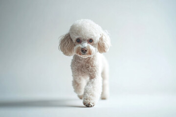 Adorable gray poodle walking confidently on a white background, showcasing its fluffy curls and playful demeanor in a clean, minimal setting. Pet. Animals.