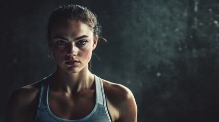 Obraz premium sporty female athlete with determined expression in dramatic lighting, showcasing strength and focus. background adds depth to intense atmosphere