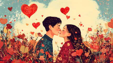 Fototapeta premium Romantic Couple Embracing in a Vibrant Flower Field Surrounded by Colorful Blossoms and a Warm Sunny Atmosphere Radiating Love and Joyful Connection