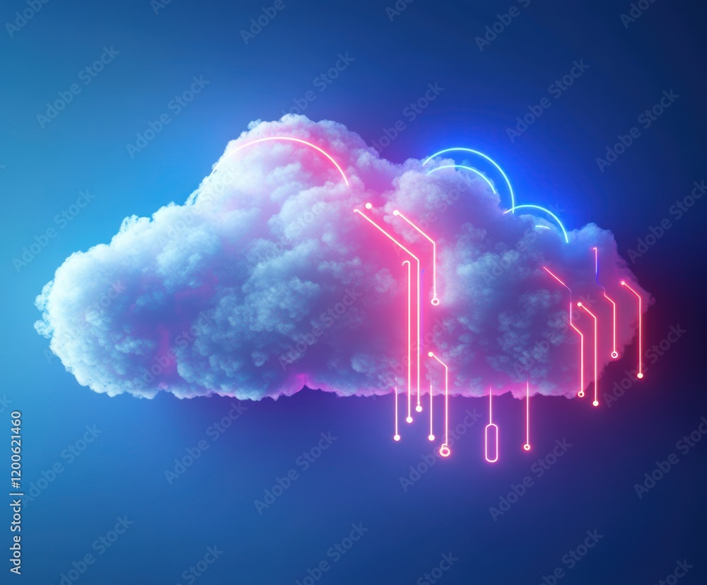 Aufkleber cloud computing and data storage digital illustration with neon circuit designs and gradient blue ba