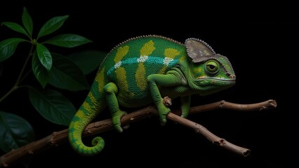 Fototapeta premium A vivid green and yellow chameleon perches gracefully on a branch, eyeing the world with curiosity against a striking dark backdrop. 