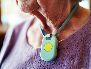 warm closeup of small aqua colored medical alert device worn around neck of elderly person, symbolizing safety and independence