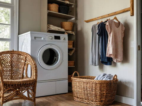 Secadora, lavadora y cesta de mimbre con ropa colgada en casa
