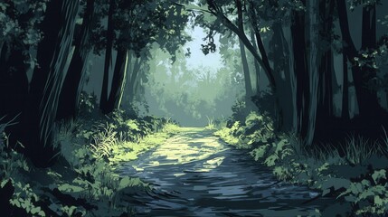 Obraz premium Serene Forest Stream Path Through Lush Green Trees