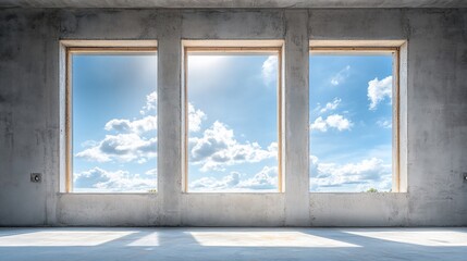 Fototapeta premium Concrete room, three windows, sunny sky view, construction site