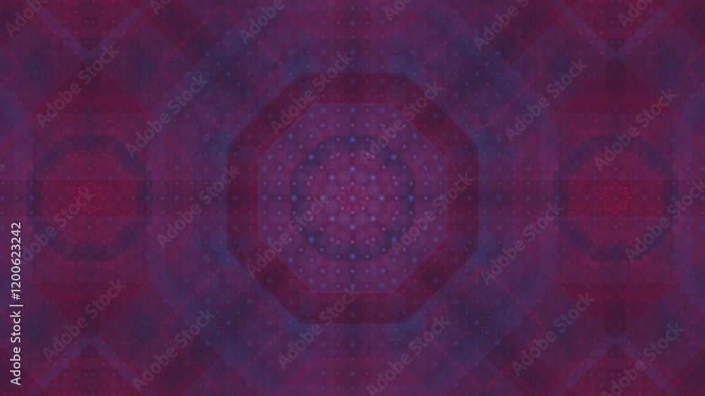 Poster loopable kaleidoscopic abstract background in purple with swirling shifting geometric patterns and v