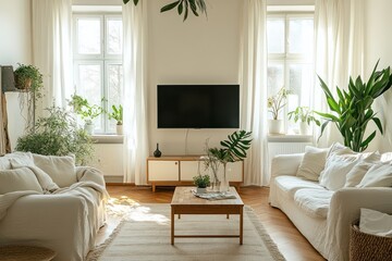 Fototapeta premium Sunny apartment living room with plants, TV, and sofas.