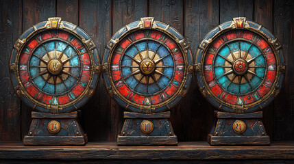 Three ornate, circular, decorative wheels with vibrant jewel-toned segments displayed on a dark wooden shelf.