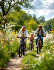Happy Family Cycling through a Sunny Floral Path