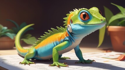 Obraz premium Cute Cartoon Iguana Character with Colorful Scales on a Light Background