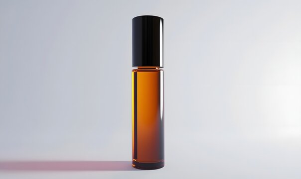 Amber glass roller bottle with black cap on white background.