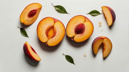 Fresh ripe peach halves and slices with green leaves and sugar granules on white background