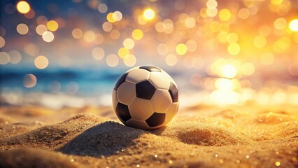 Fototapeta premium Classic Black and White Soccer Ball on Sandy Surface with Warm Bokeh Background
