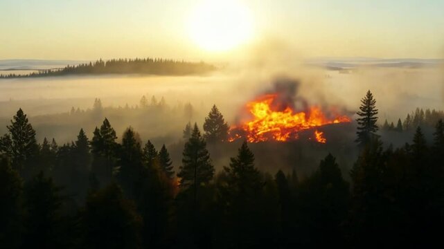 A wildfire spreading through a forest, with intense flames and thick smoke, capturing the danger of environmental disasters and the impact of deforestation or natural calamities.