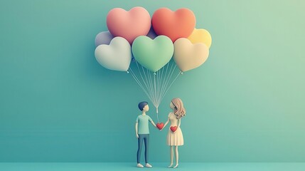 3D Romantic Scene of Couple Holding Balloons Heart-Shaped, conveying love and connection in a pastel-colored setting. Copy space, Commercial use