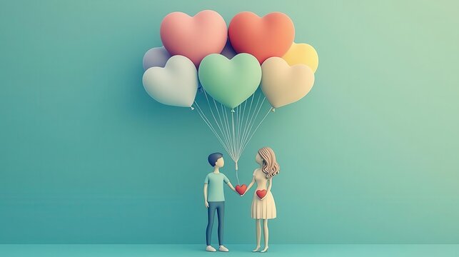 3D Romantic Scene of Couple Holding Balloons Heart-Shaped, conveying love and connection in a pastel-colored setting. Copy space, Commercial use