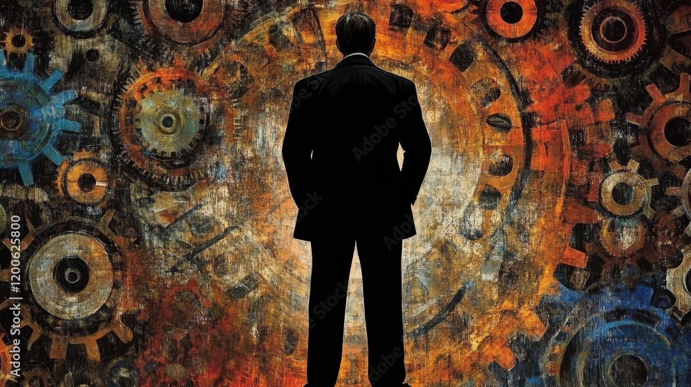 Poster silhouetted figure facing a complex, swirling array of intricate gears and cogs