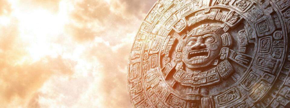 Ancient Mayan sunstone against a dramatic sky at sunrise, symbolizing rich cultural heritage and timeless beauty.