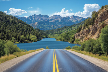 Fototapeta premium Serene Lakeside Drive with Forested Mountains and Calm Waters for Relaxation
