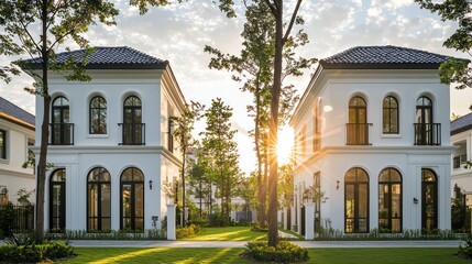 Fototapeta premium Two neighboring villas with pristine white walls, charcoal tiled roofs, and towering windows