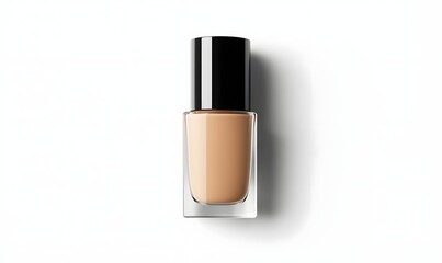 Beige nail polish in square glass bottle with black cap.