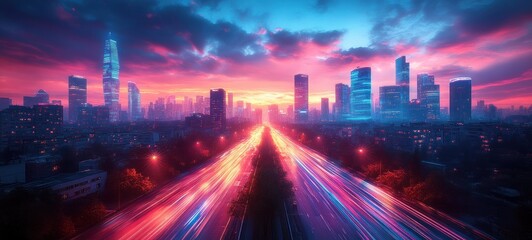 Fototapeta premium Futuristic City Skyline with Neon Lights and Long Exposure Light Trails at Dusk