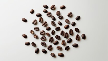 Obraz premium Scattered coffee beans on a light background a close up view of the roasted coffee