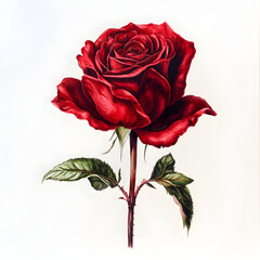 Elegant Red Rose Blooming Gracefully Amidst Lush Green Leaves Set Against a Pure White Background Evoking Feelings of Love and Beauty in Nature