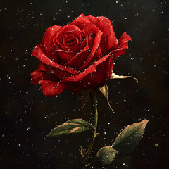 Beautiful Red Rose Blossoming with Delicate Water Droplets Glimmering in Soft Natural Light Creating a Romantic and Fresh Floral Composition