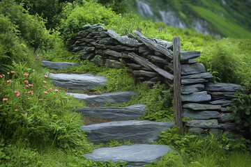 Rugged Slate Fence in a Mountain Home with Steep Trail and Rustic Charm