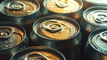 Close-up of several metallic beverage cans with condensation. Perfect for advertising refreshing drinks or concepts related to refreshment and socializing.