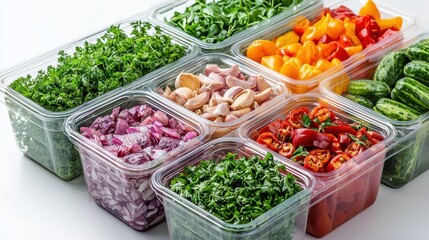 Obraz premium A row of plastic containers filled with vegetables including onions, peppers. Generative AI