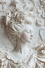Elegant neoclassical sculpture of a young woman with intricate floral hair detailing evoking grace and serenity.