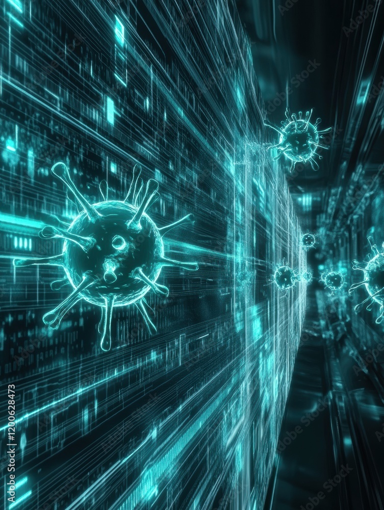 Poster strong glowing wall effectively deflects viruses in a dynamic digital environment during a high tech