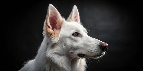 Obraz premium Close-up Profile View of a White Swiss Shepherd Dog on Black Background â€“ High Depth of Field Photography for Dog Lovers and Animal Enthusiasts