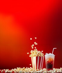 Cinema Popcorn and Soft Drink on Red Gradient Background. Movie Night Snack Concept with Copy Space and Room for Text.