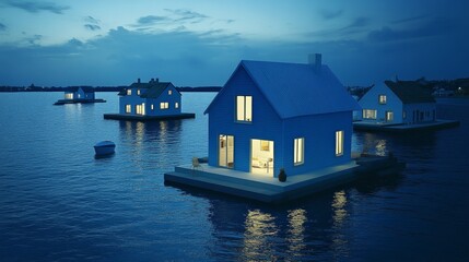 Fototapeta premium Nocturnal Blue Houses on Tranquil Waters, Illuminated from Within